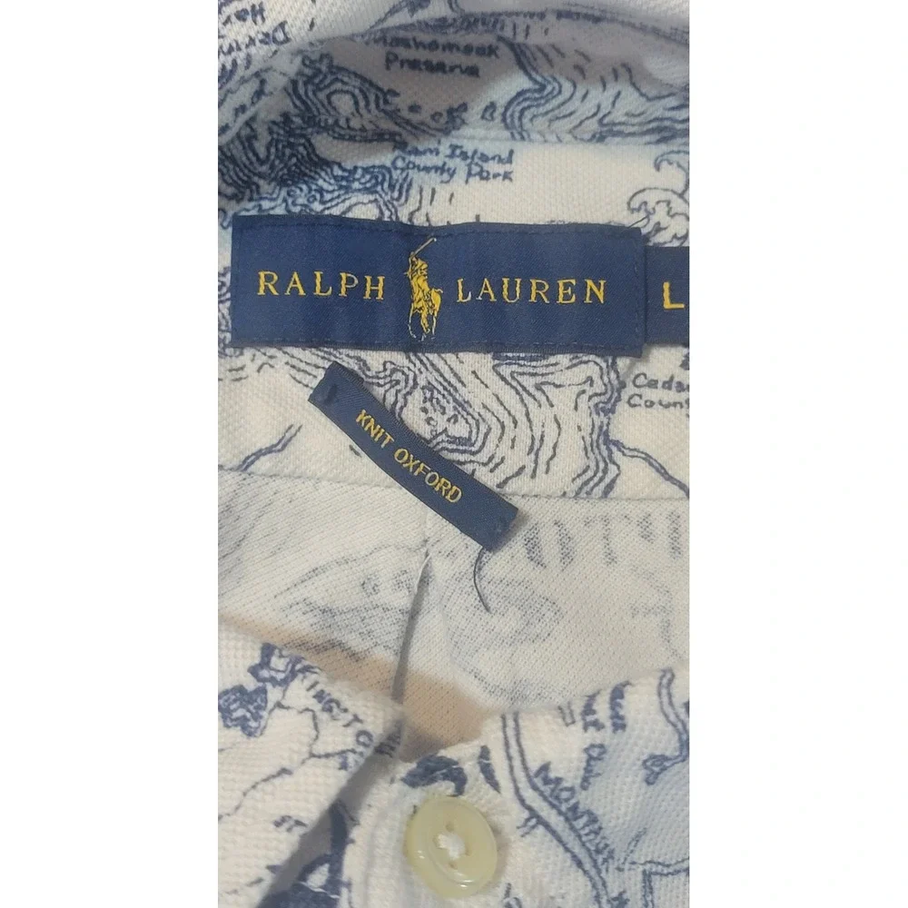 Ralph Lauren Mens Knit Oxford Polo Shirt Large Montauk Long Island Map Print